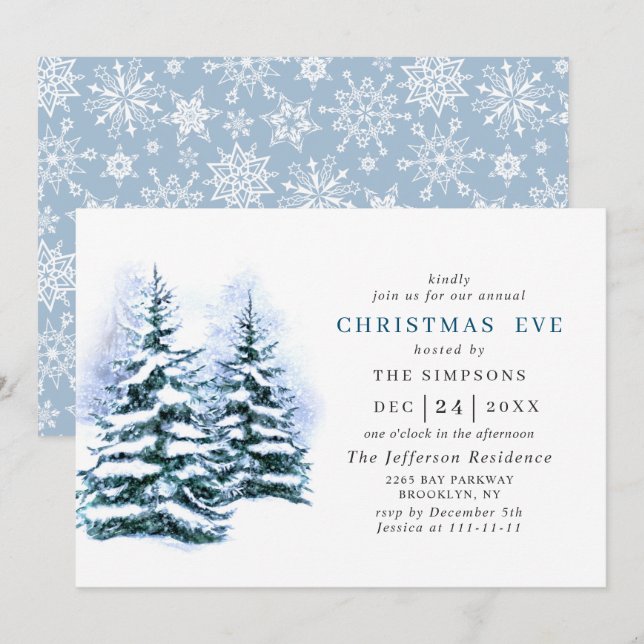 Invitación Navidades de vacaciones de pino-árbol acuático EVE (Anverso / Reverso)