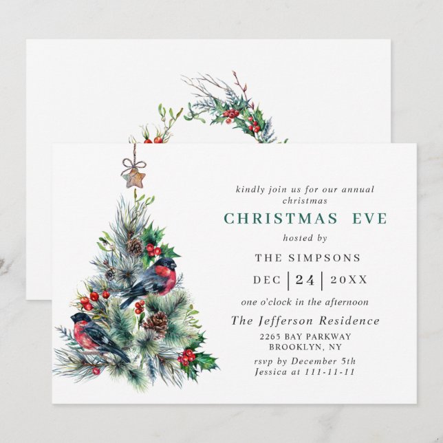 Invitación Navidades de vacaciones de pino-árbol acuático EVE (Anverso / Reverso)