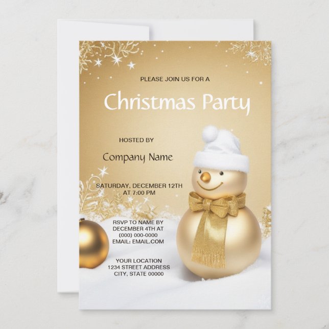 Invitación Navidades de vacaciones de Snowman dorados Fiesta (Anverso)