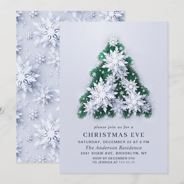 Invitación Navidades de vacaciones en árboles de copos de nie (Anverso / Reverso)