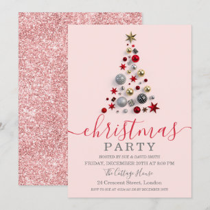 Invitación Navidades de vacaciones en Rosa Gold Bauble Tree