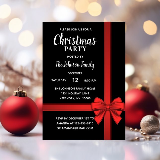 Invitación Navidades de vacaciones FIESTA blanco rojo negro (Holiday CHRISTMAS PARTY White Red Black Bow Invitation)