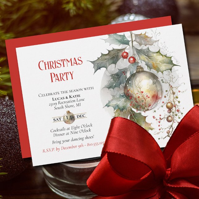 Invitación Navidades de vacaciones Fiesta Holly Ornament Red  (Festive Holiday Party Invitation with beautiful watercolor elements.)