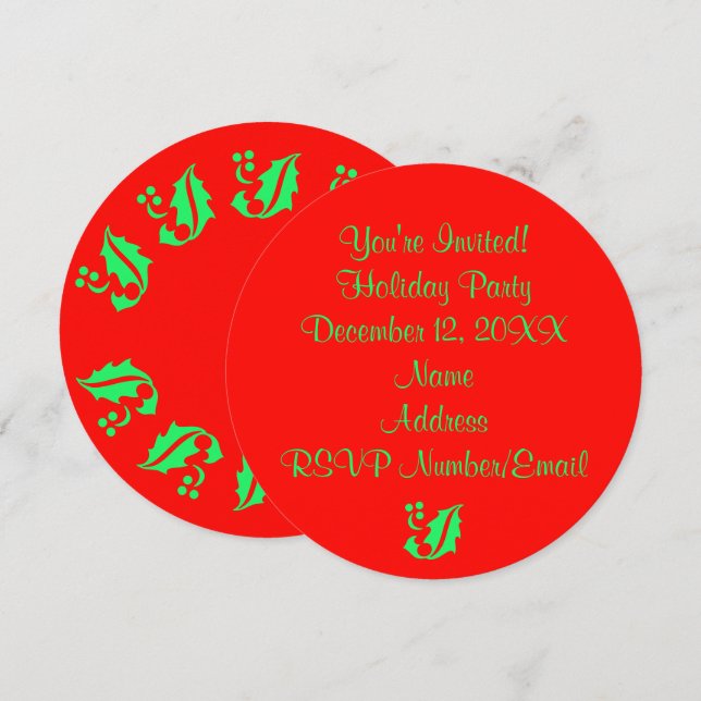 Invitación Navidades de vacaciones Fiesta Holly Round Red 4Ja (Anverso / Reverso)