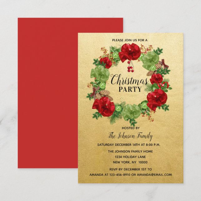 Invitación NAVIDADES de vacaciones FIESTA Wreath GOLD Red Gre (Anverso / Reverso)