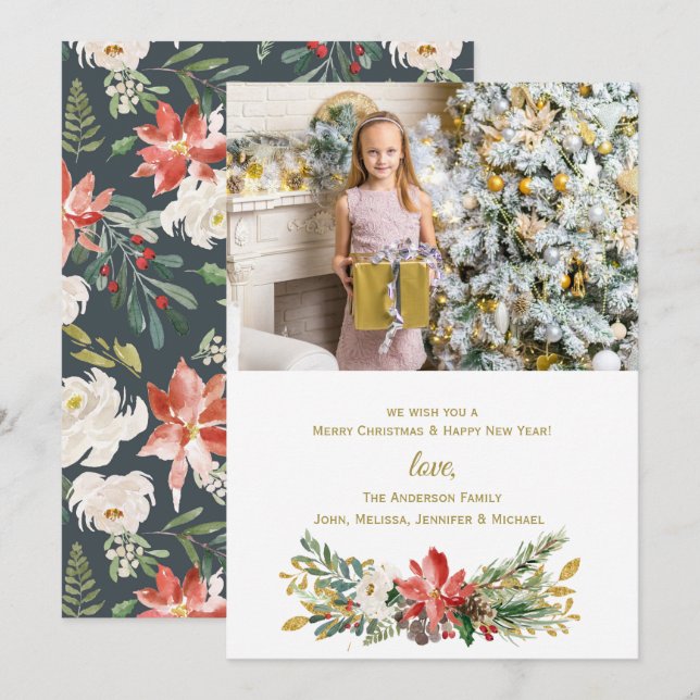 Invitación Navidades de vacaciones florales de época fotográf (Anverso / Reverso)