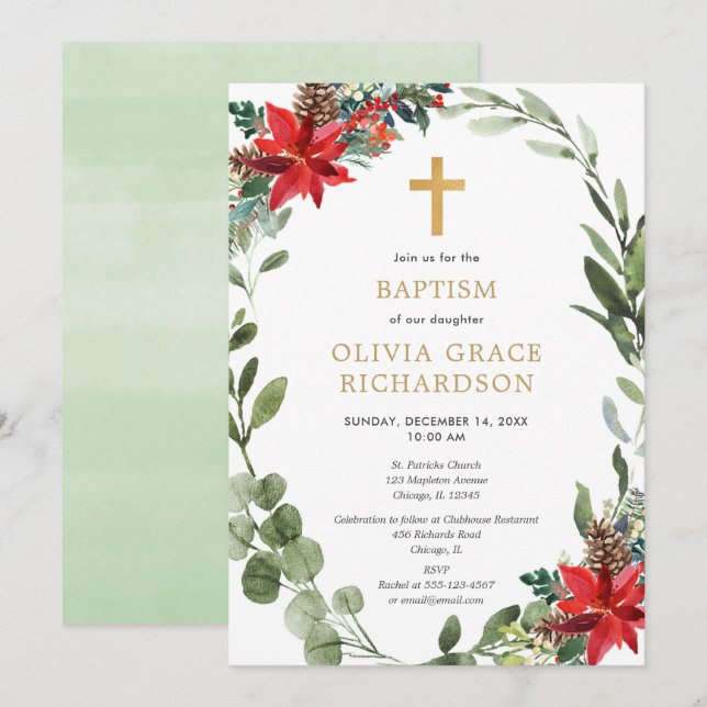 Invitación Navidades de vegetación roja floral corona bautism (Anverso / Reverso)