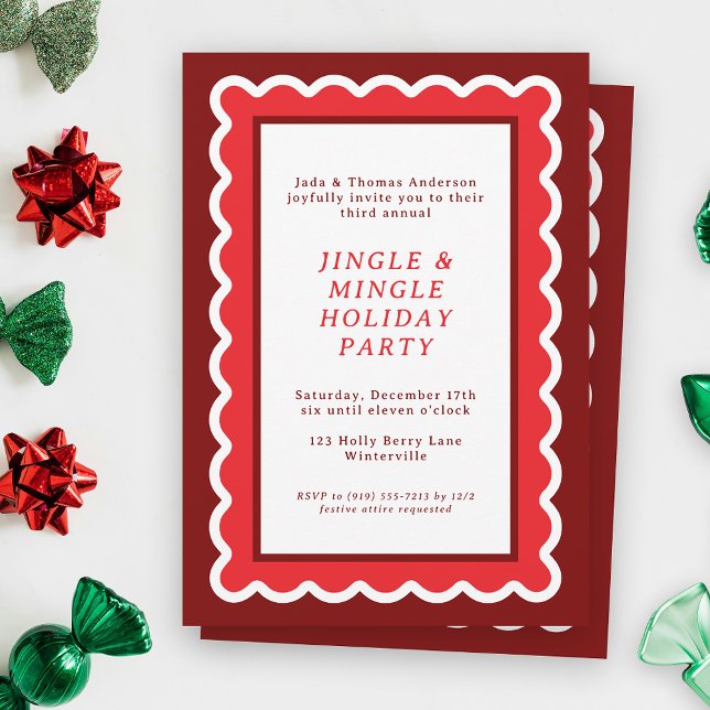 Invitación Navidades de vieira simple preppy rojo y blanco (A scalloped holiday party invitation feels festive, bold and bright in shades of Christmas red)