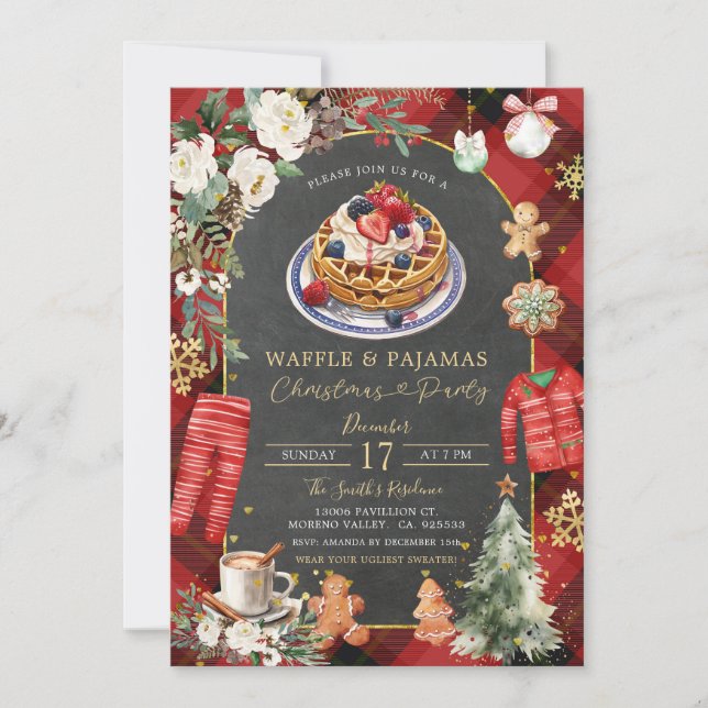 Invitación Navidades de Waffle y Pajamas Fiesta floral (Anverso)