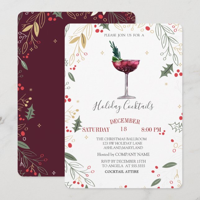 Invitación Navidades de Watercolor Cocktail Holly Company (Anverso / Reverso)