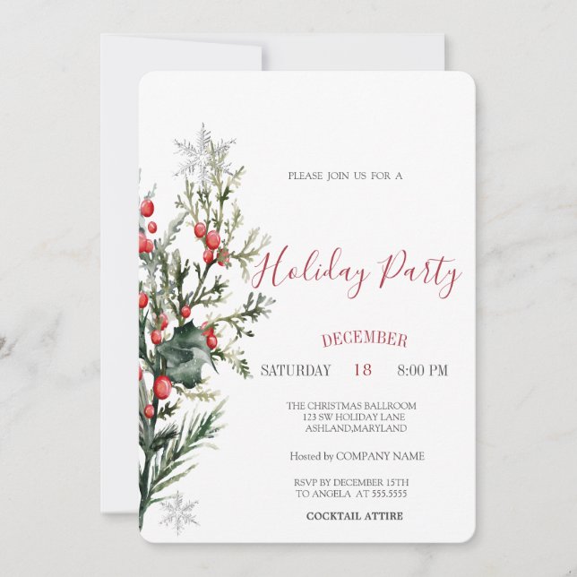 Invitación Navidades de Watercolor Holly Berry Greenery (Anverso)