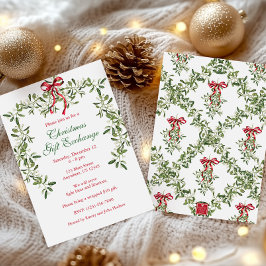 Invitación Navidades de Watercolor Red Bow Mistletoe Garland