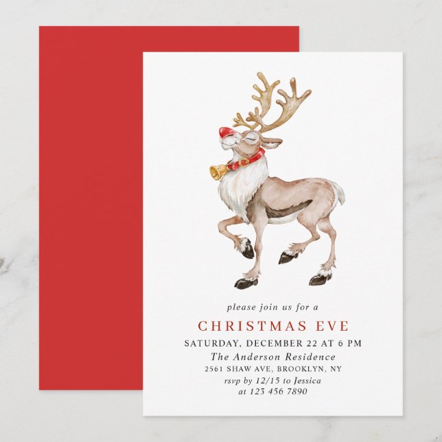 Invitación Navidades de Watercolor Reindeer Rudolf HOLIDAY EV (Anverso / Reverso)