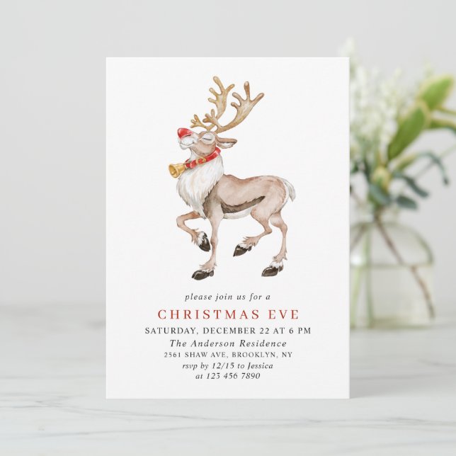 Invitación Navidades de Watercolor Reindeer Rudolf HOLIDAY EV (Anverso de pie)