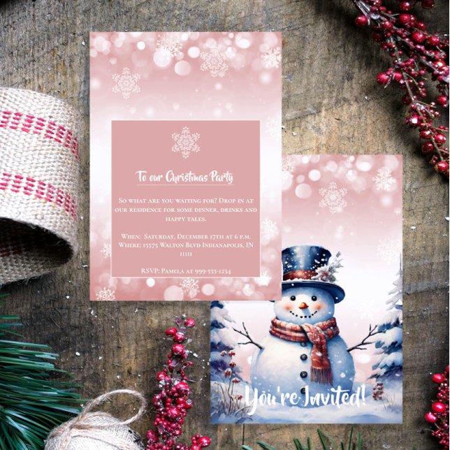 Invitación Navidades de Winter Forest Snowman | Fiesta rosa (Pink Winter Forest Snowman Christmas Party Invitation)