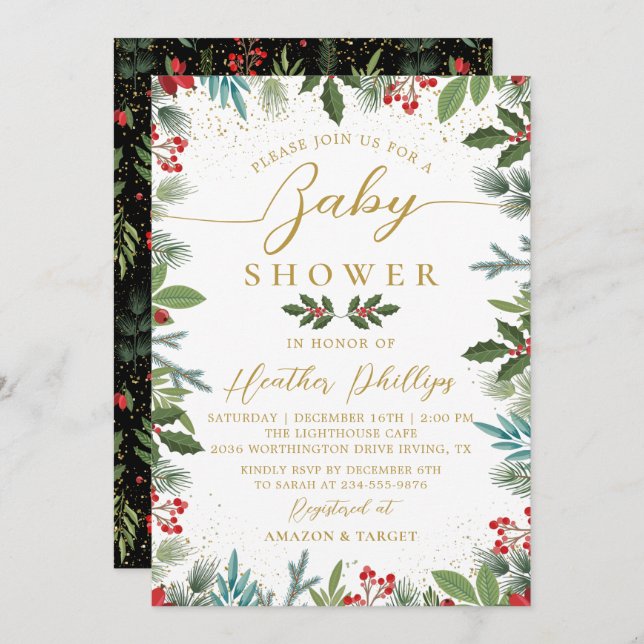 Invitación Navidades de Winter Holly Berries en Baby Shower (Anverso / Reverso)