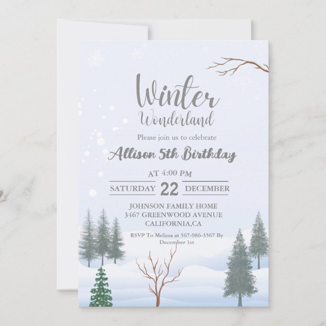 Invitación Navidades de Winter Wonderland Fiesta de Cumpleaño (Anverso)