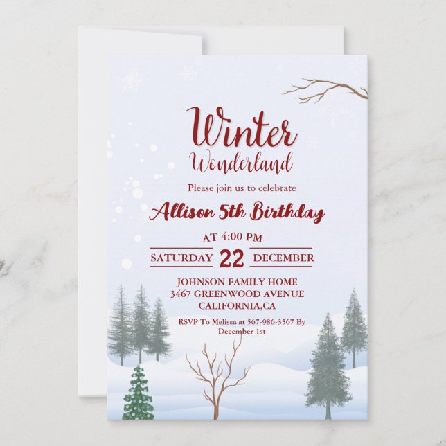 Invitación Navidades de Winter Wonderland Fiesta de Cumpleaño (Anverso)
