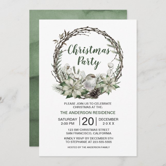 Invitación Navidades de Winter Wreath Poinsettia y Bird (Anverso / Reverso)