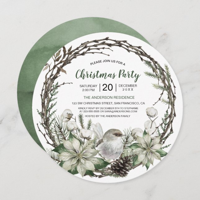 Invitación Navidades de Winter Wreath Poinsettia y Bird (Anverso / Reverso)