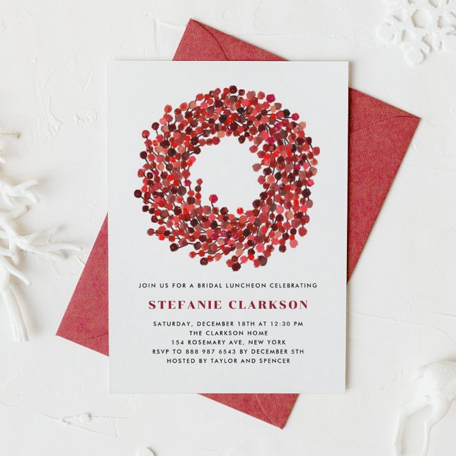 Invitación Navidades de Winterberry Wreath Nodal Luncheon (Bridal luncheon invitation featuring watercolor winterberry wreath. Perfect for Christmas events.)