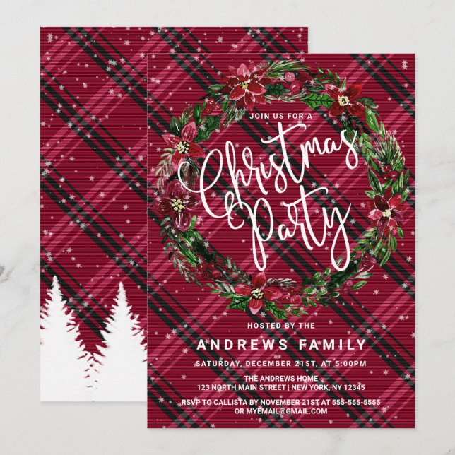 Invitación Navidades de Wreath Flannel de invierno rojo y nie (Anverso / Reverso)
