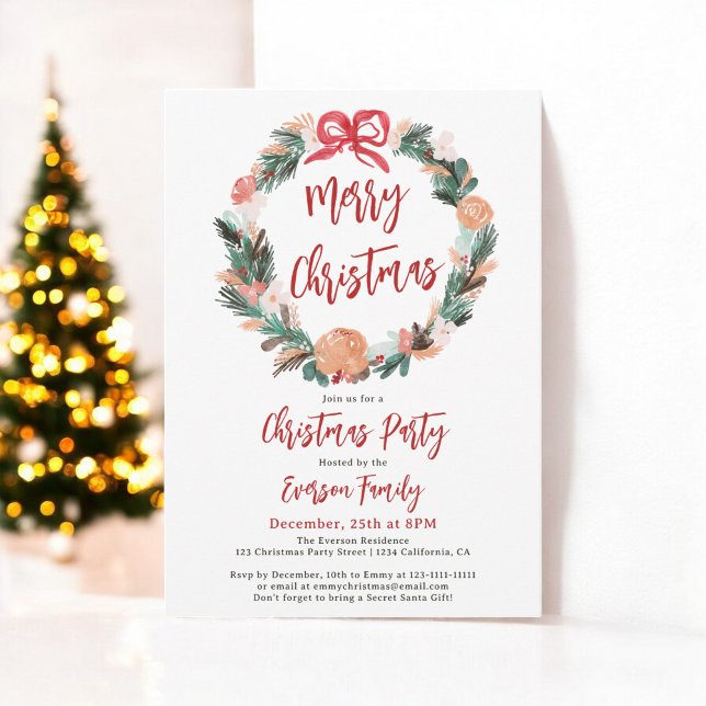 Invitación Navidades de Wreath Floral Pintado a mano (Hand Painted Floral Watercolor Wreath Christmas Invitation)
