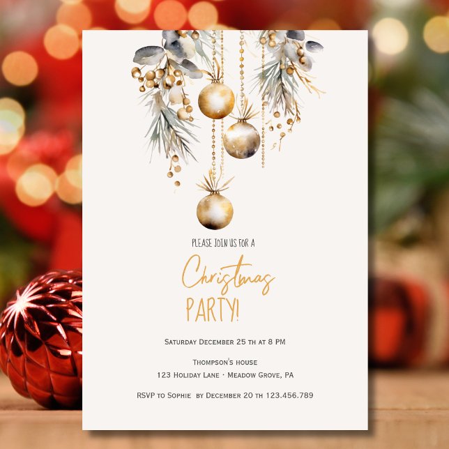 Invitación Navidades decoración de pino bolas doradas fiesta (Subido por el creador)