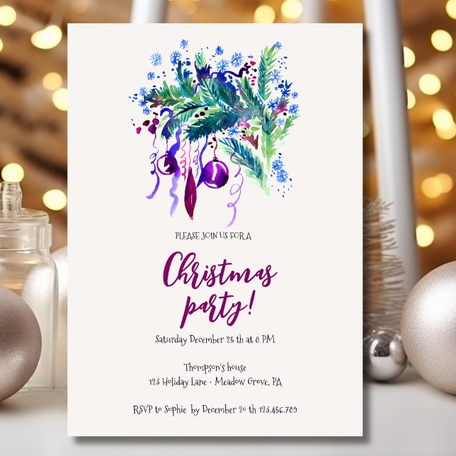 Invitación Navidades decoración de pino bolas violeta fiesta (Subido por el creador)