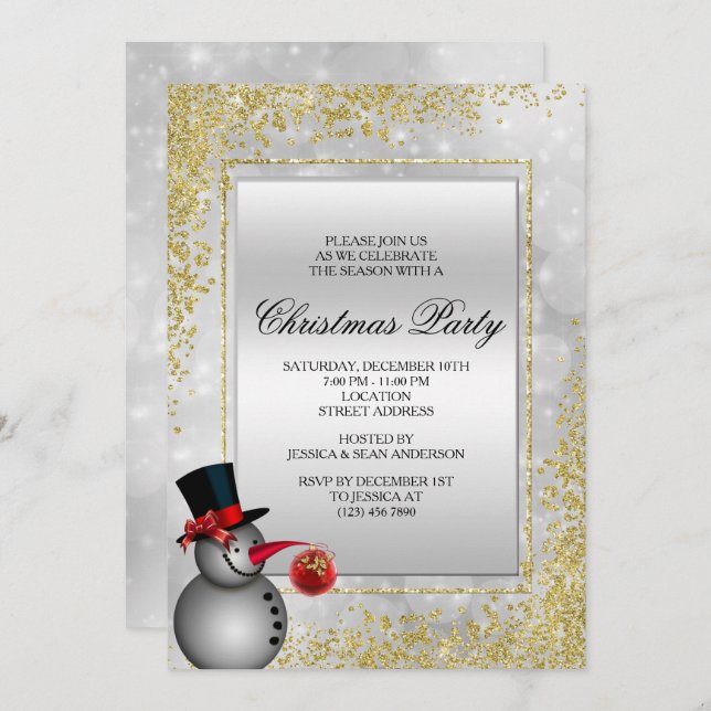 Invitación Navidades decorativos de Snowman y Purpurinas de o (Anverso / Reverso)