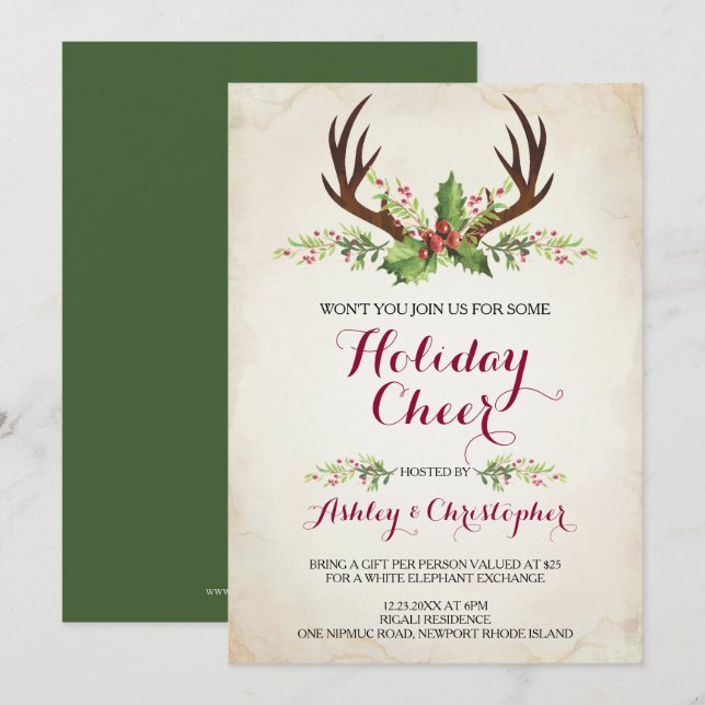 Invitación Navidades Deer Antler (Anverso / Reverso)