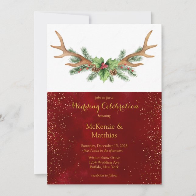 Invitación Navidades Deer Antler Burgundy Gold Boda (Anverso)