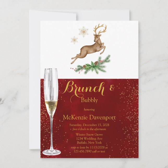 Invitación Navidades Deer Antler Burgundy Gold Brunch Bubbly (Anverso)
