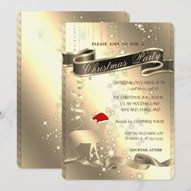 Invitación Navidades Deer, Sparkle, Navidades Fiesta de empre (Anverso / Reverso)