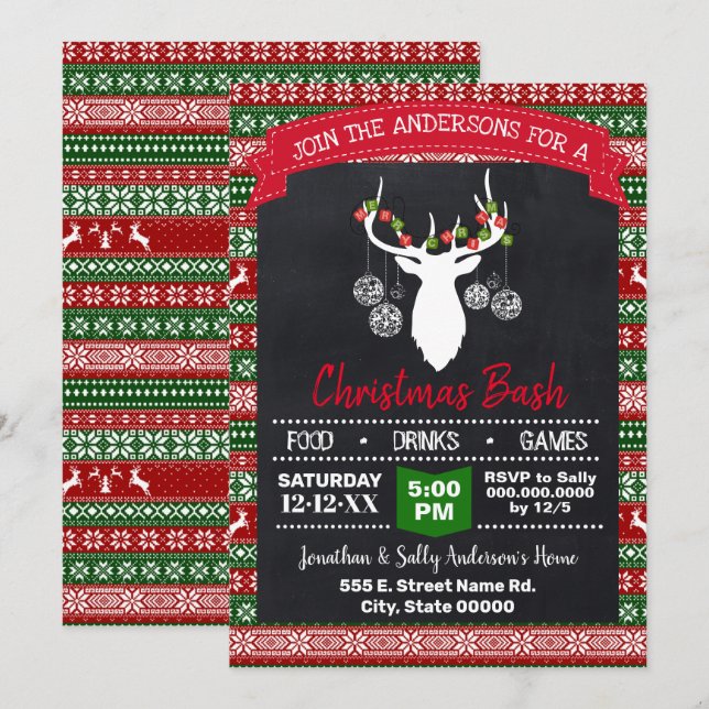 Invitación Navidades Deer Ugly Sweater Fiesta (Anverso / Reverso)