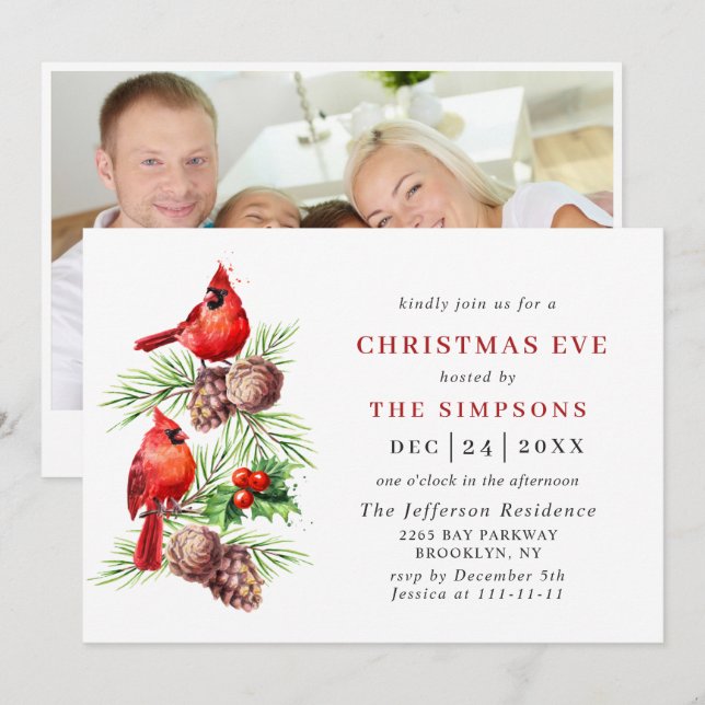 Invitación Navidades del Cardenal Rojo Holly Berry Holiday EV (Anverso / Reverso)