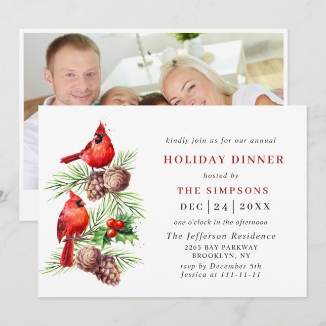 Invitación Navidades del Cardenal Rojo Holly Berry VACACIONES (Anverso / Reverso)