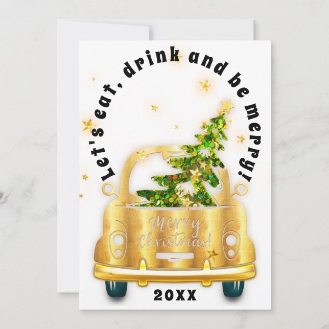 Invitación Navidades del coche rojo Brunch Cena Árbol Oro Bla (Reverso)