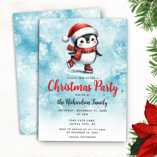 Invitación Navidades del Cute Penguin Ice Skater Blue Red Fes (Subido por el creador)