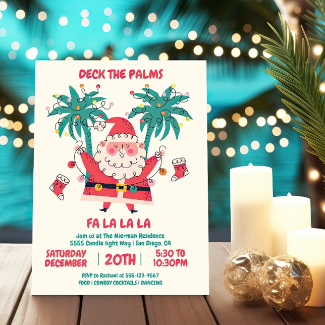 Invitación Navidades del Doodle Tropical Santa Deck the Palms (Subido por el creador)