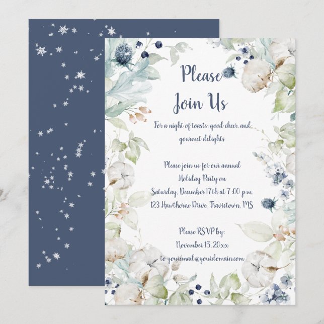 Invitación Navidades del Dusty Blue Sage Green Snowflakes Fie (Anverso / Reverso)