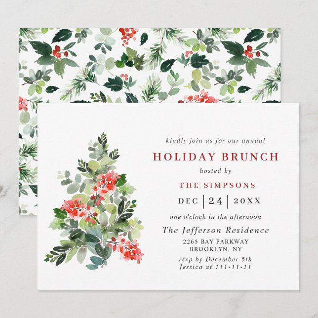 Invitación Navidades del Festividad Holly Berry Tree HOLIDAY  (Anverso / Reverso)