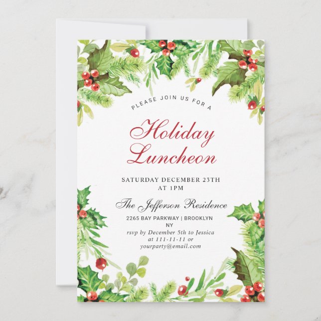 Invitación Navidades del Holiday Luncheon Red Holly Berry (Anverso)