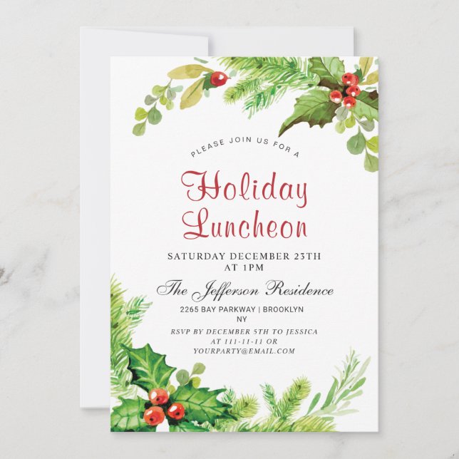 Invitación Navidades del Holiday Luncheon Red Holly Berry (Anverso)