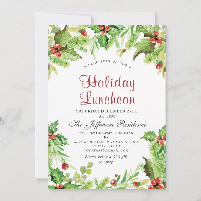 Invitación Navidades del Holiday Luncheon Red Holly Berry (Anverso)