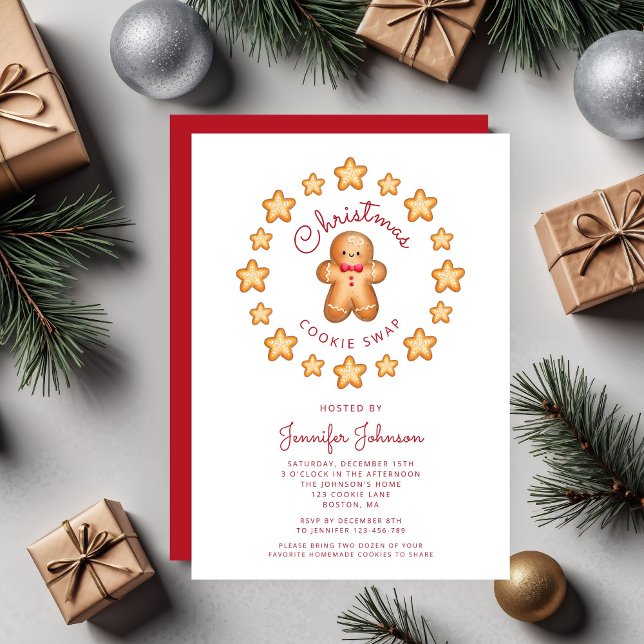 Invitación Navidades del hombre del pan de jengibre de la coc (Cute Gingerbread Man Christmas Cookie Swap Invitation)