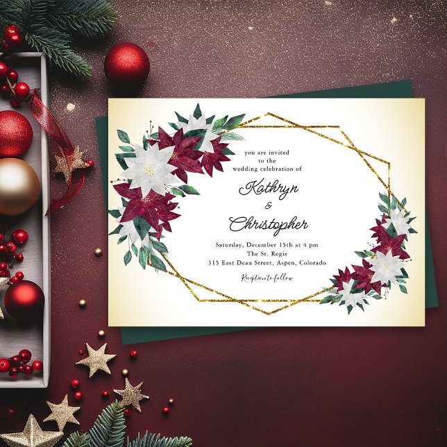 Invitación Navidades del marco dorado de la Poinsettias de Bo (Subido por el creador)