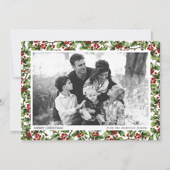 Invitación Navidades del marco fotográfico de Vintage Holly (Anverso)