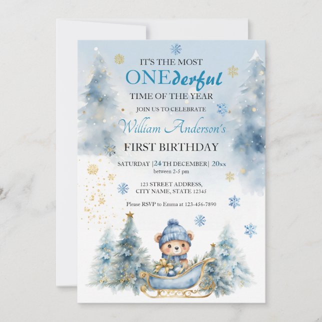 Invitación Navidades del oso primer invierno de cumpleaños (Anverso)