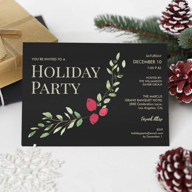 Invitación Navidades del partido de vacaciones Fiesta corpora (holiday party elegant holly office party invite.)
